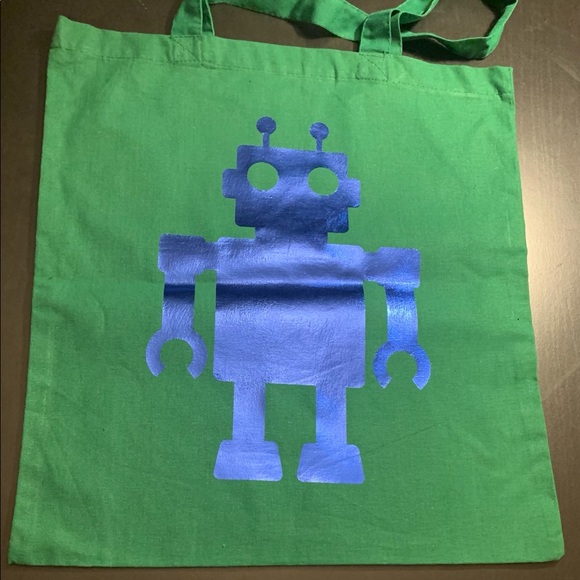 15x16in green robot canvas tote bag. - Picture 2 of 3